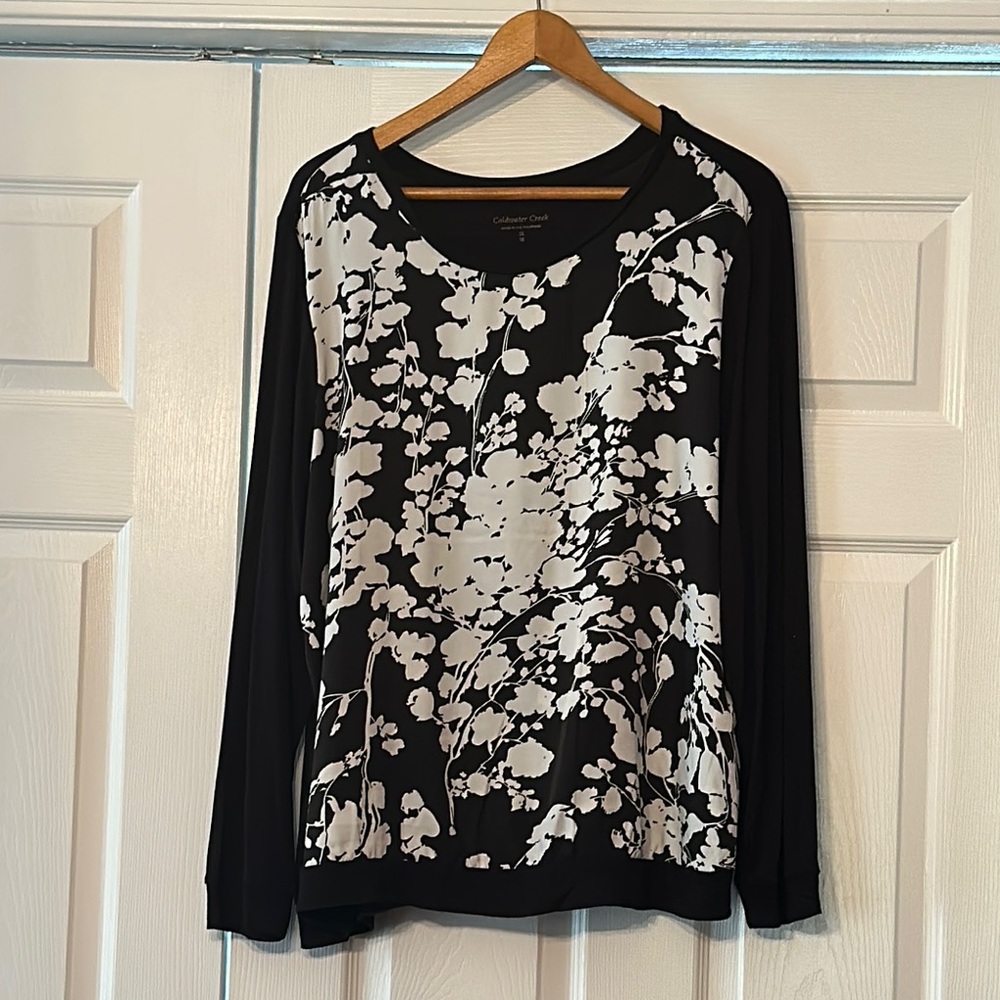 Coldwater Creek Graphic Long Sleeve Blouse Black and White